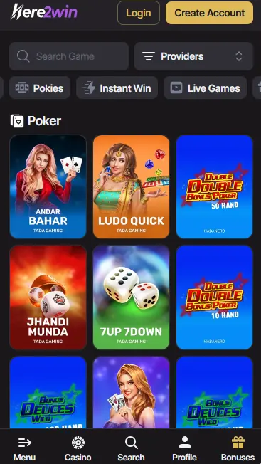 Here2Win mobile lobby with Log in and Create Account buttons and the bottom navigation bar