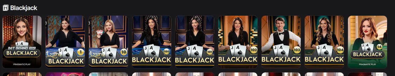 Here2Win blackjack tables with Bet Behind Pro Blackjack and Azure Blackjack from Pragmatic Play