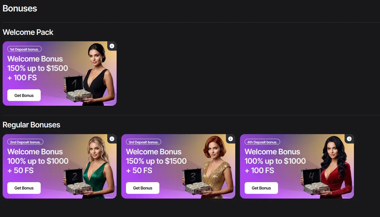 Here2Win bonuses page with the 150% up to $1,500 welcome pack and three regular deposit bonuses