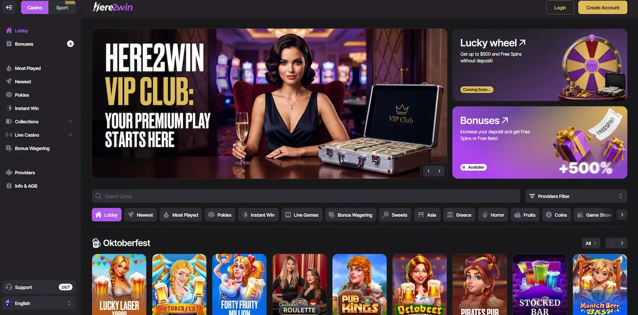 Here2Win casino lobby on desktop with the sidebar menu, VIP Club banner and Oktoberfest pokies row