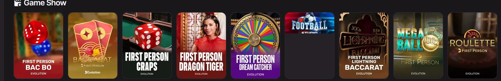 Here2Win game show lobby with First Person Dream Catcher, Mega Ball and Lightning Baccarat from Evolution