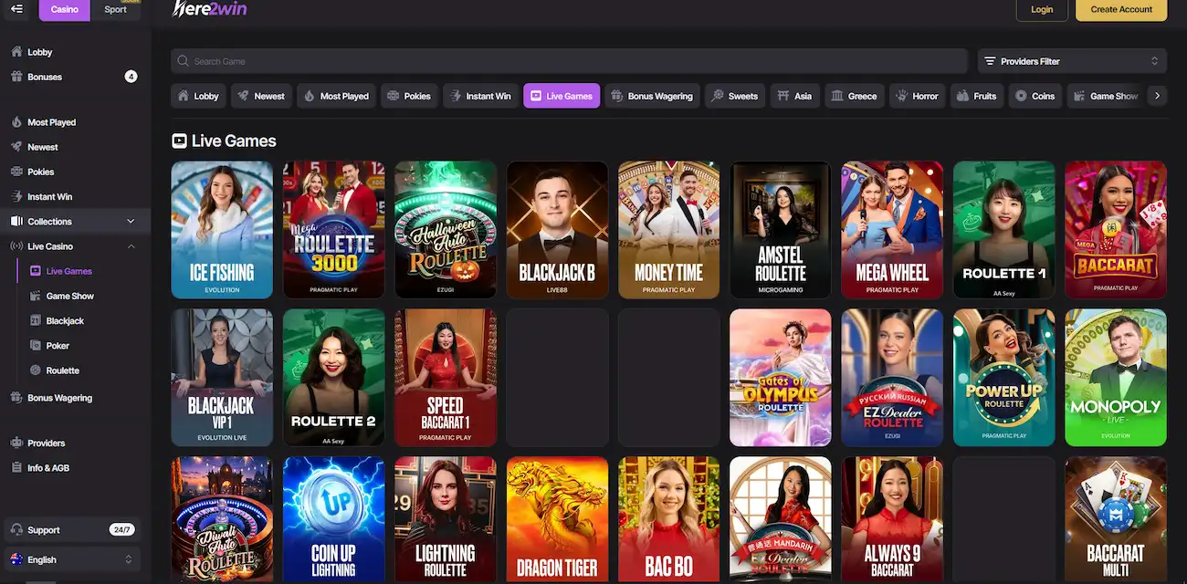 Here2Win live casino lobby with Ice Fishing, Mega Wheel, Money Time and live blackjack and roulette tables