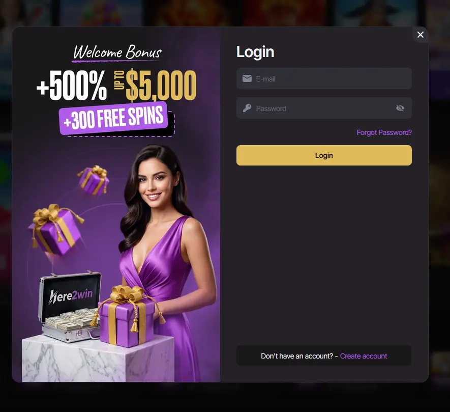 Here2Win login form for returning Australian players with the welcome bonus banner