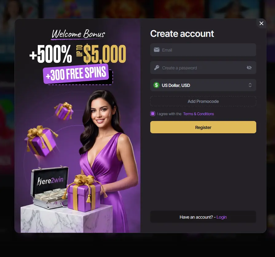 Here2Win create account form with email, password, currency and optional promocode field