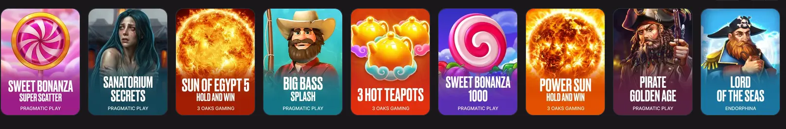 Here2Win pokies row with Sweet Bonanza Super Scatter, Big Bass Splash and Sun of Egypt 5 for Australian players